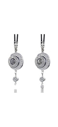 Islamic Crescent Moon Car Mirror Hanging Pendant, Silver Metal Ornament with Arabic Calligraphy, Crystal Accent and Tassel, Surah Al-Qalam Design