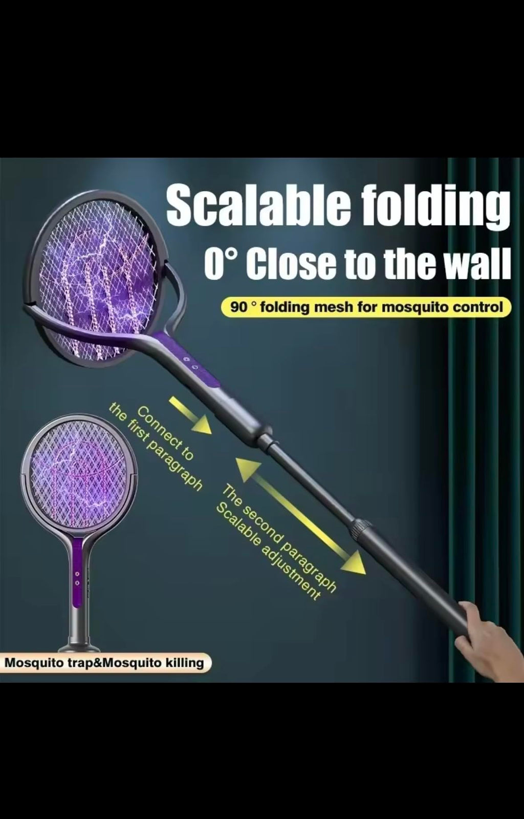 Electric Mosquito Swatter with Extendable Handle, 2800V High Voltage, Rotatable Head, 34-62cm Telescopic, Purple and Grey, Safety Protection Net for Indoor Pest Control