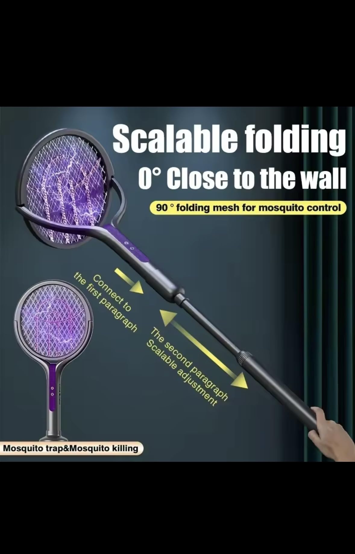 Electric Mosquito Swatter with Extendable Handle, 2800V High Voltage, Rotatable Head, 34-62cm Telescopic, Purple and Grey, Safety Protection Net for Indoor Pest Control
