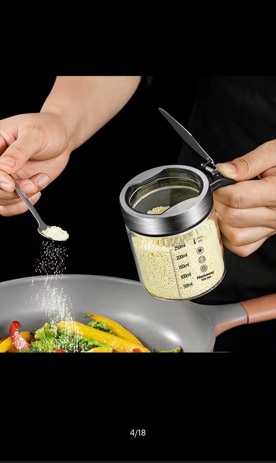 Haoukno Glass Seasoning Jar Set with Measurement Markings, Stainless Steel Flip Lid, Kitchen Spice Storage Containers with Handle, 250ml and 350ml