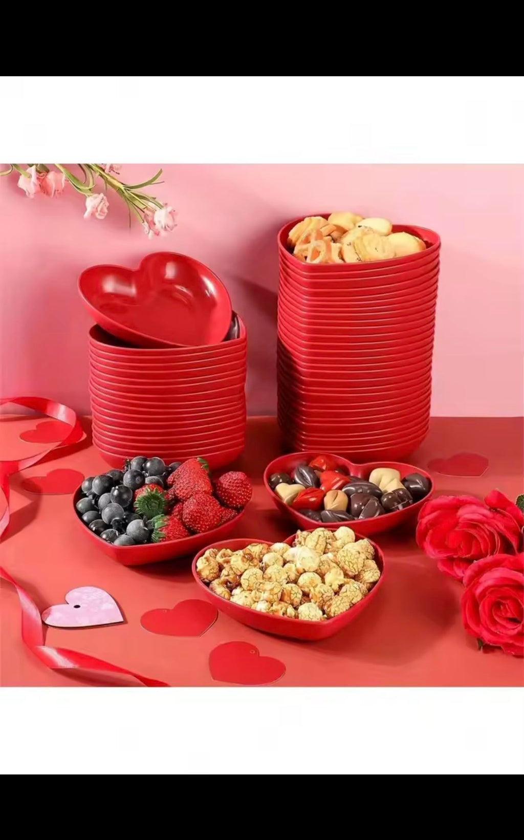 Heart Shaped Dinner Plate Set, Red and Pink, Plastic, 20 Pieces, Fruit Snacks Serving Plates with Storage Box, Party Theme Tableware