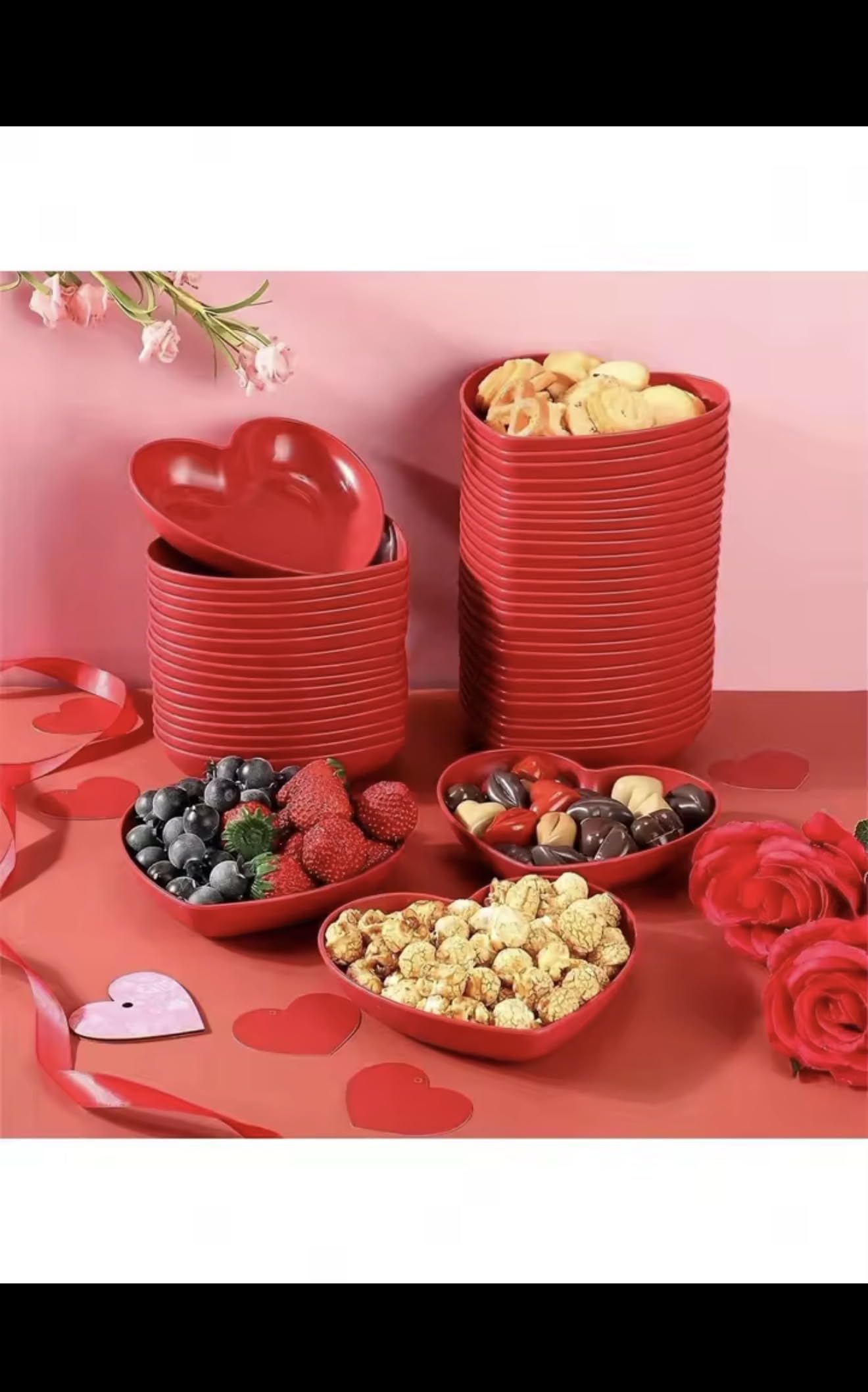 Heart Shaped Dinner Plate Set, Red and Pink, Plastic, 20 Pieces, Fruit Snacks Serving Plates with Storage Box, Party Theme Tableware