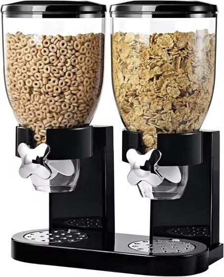 Dual Control Dry Food Cereal Dispenser, Storage Container, Round, 2L, Black and White
