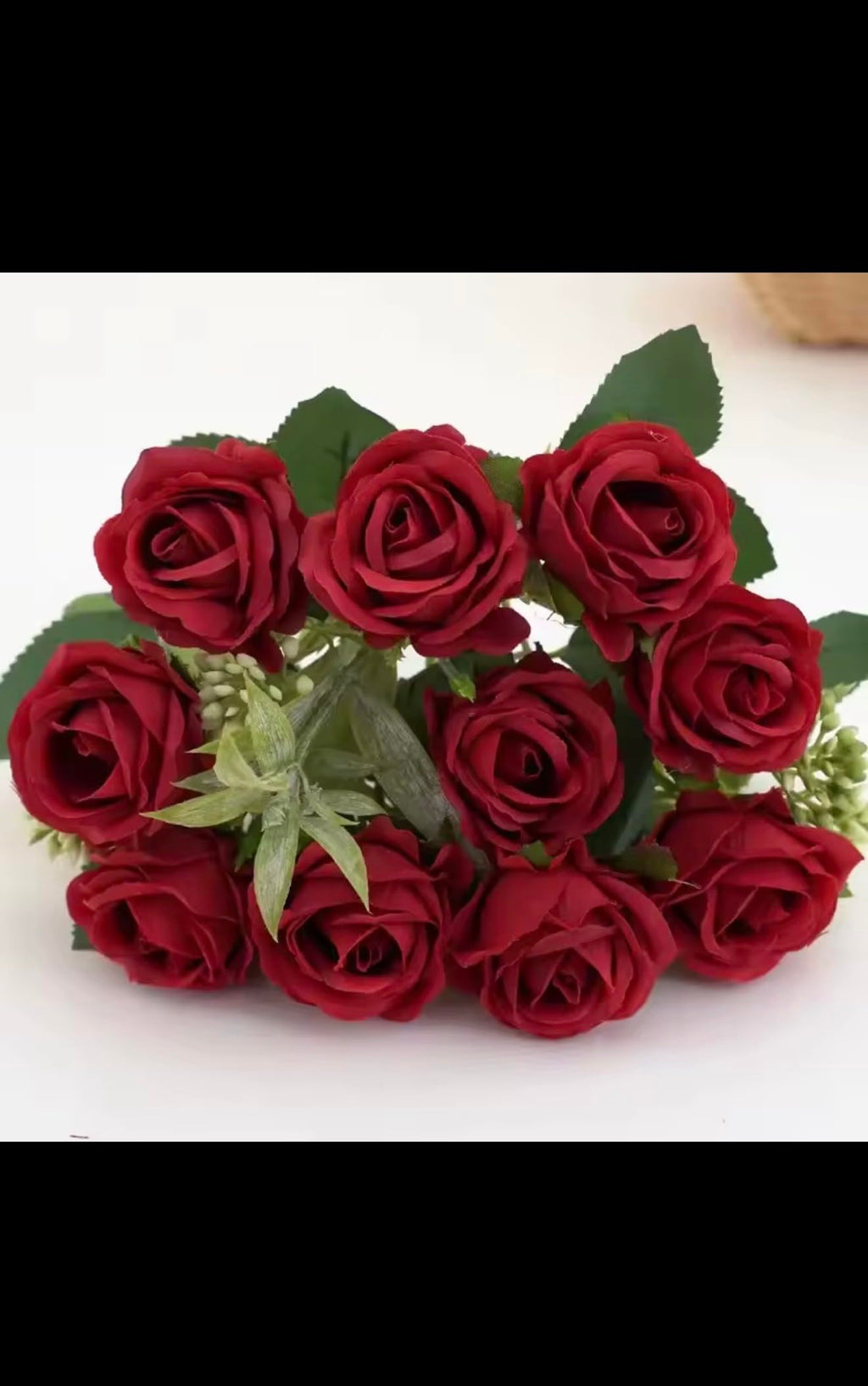 Artificial Rose Bouquet, Red Silk Roses with Green Leaves, 31cm Height, 10 Heads per Bunch, Wedding Home Decoration Fake Flowers