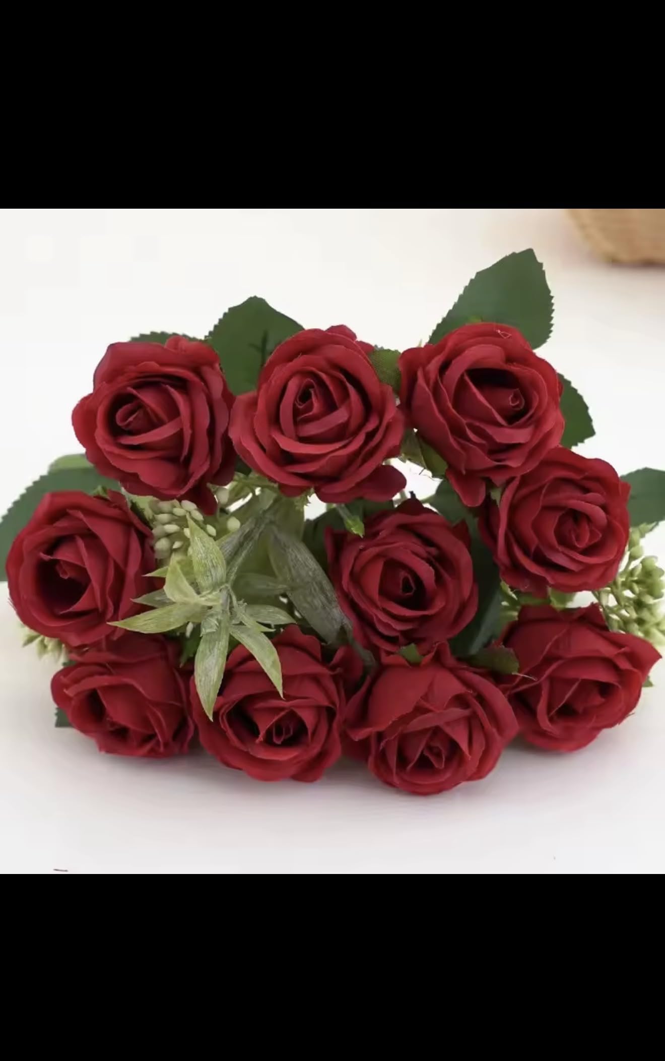 Artificial Rose Bouquet, Red Silk Roses with Green Leaves, 31cm Height, 10 Heads per Bunch, Wedding Home Decoration Fake Flowers