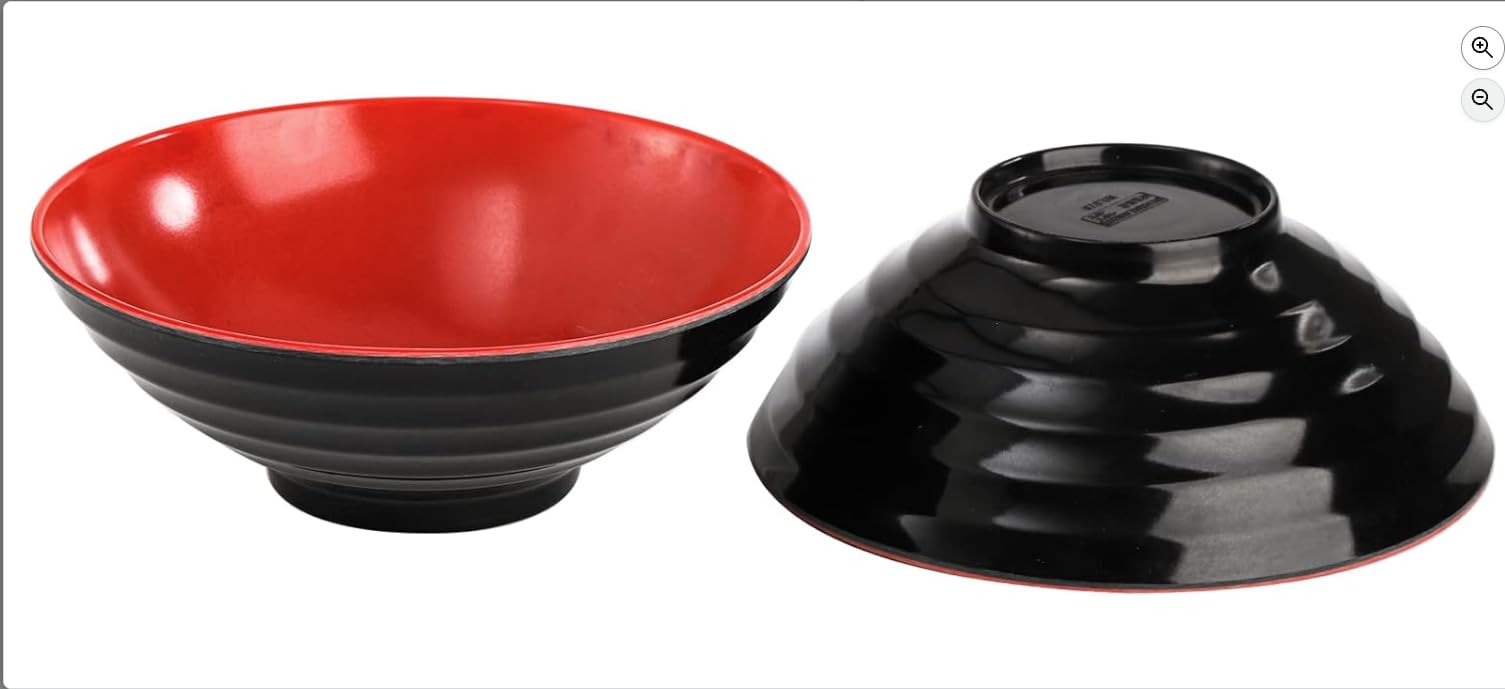 Japanese Style Ceramic Ramen Bowl Set, Large Black and Red Noodle Bowls with Matching Spoons, 2 Piece Serving Set