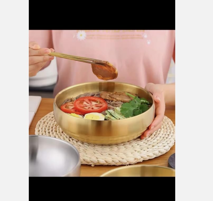 Korean Style Stainless Steel Double Layer Cold Noodle Bowl, Gold Finish, Round Serving Bowl for Traditional Asian Cuisine