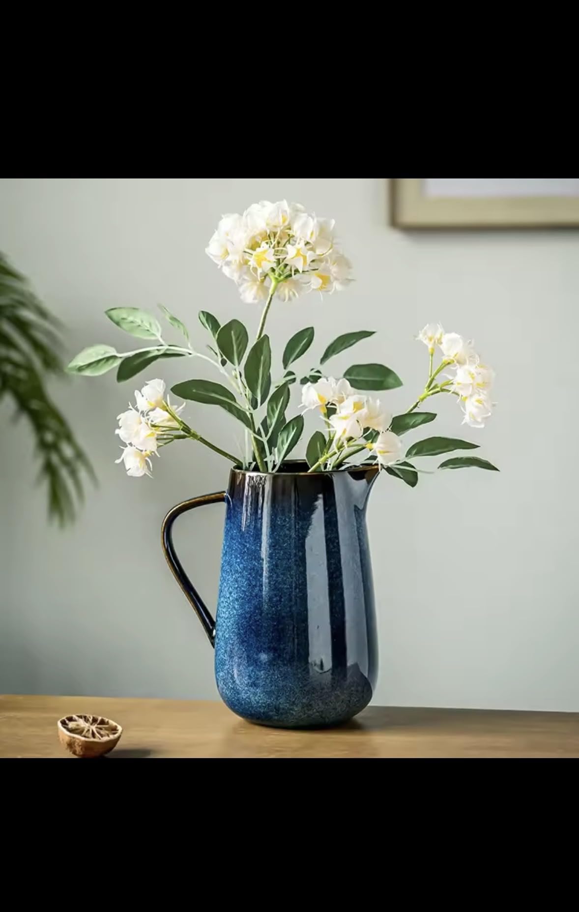 Ceramic Water Pitcher, Vintage Blue Glazed Porcelain Tea Kettle, Decorative Flower Vase with Gold Trim, Traditional Asian Style Pour Spout Design