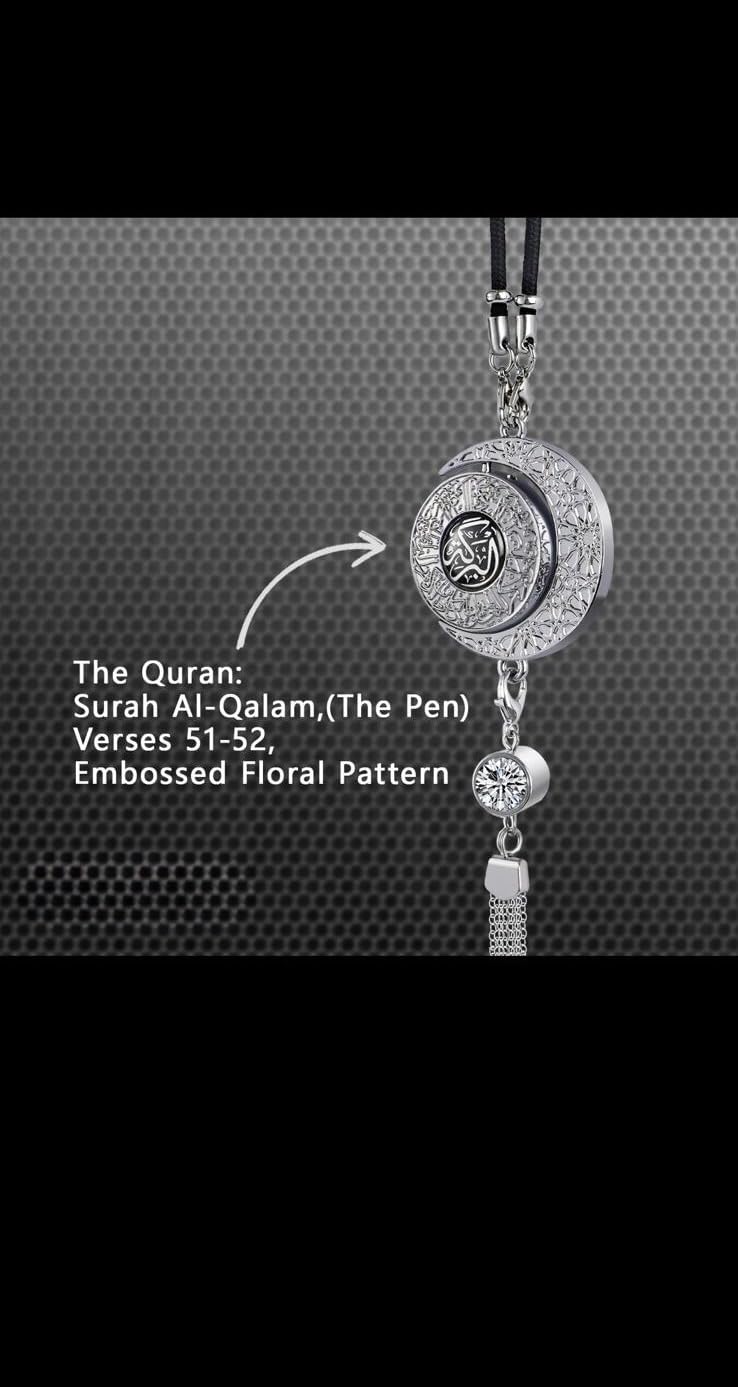 Islamic Crescent Moon Car Mirror Hanging Pendant, Silver Metal Ornament with Arabic Calligraphy, Crystal Accent and Tassel, Surah Al-Qalam Design