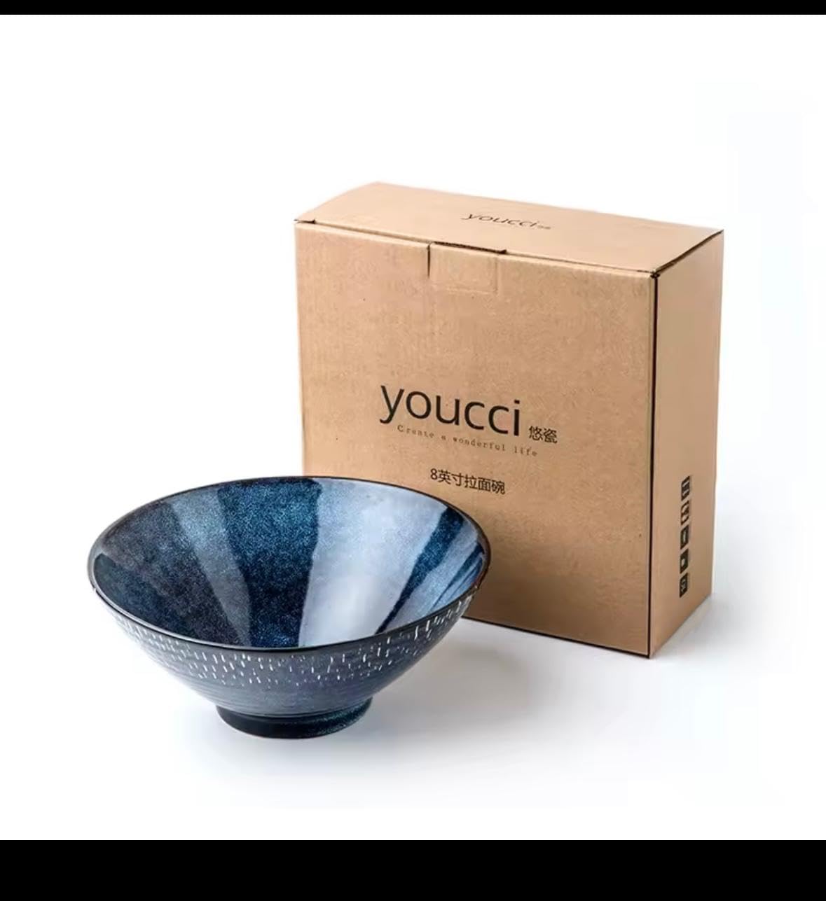 Japanese Kiln Deep Blue Ceramic Ramen Bowl, 20.3 cm Diameter, Speckled Texture, Smooth Glaze, Traditional Japanese Style, Dishwasher Safe, 1000ml Capacity