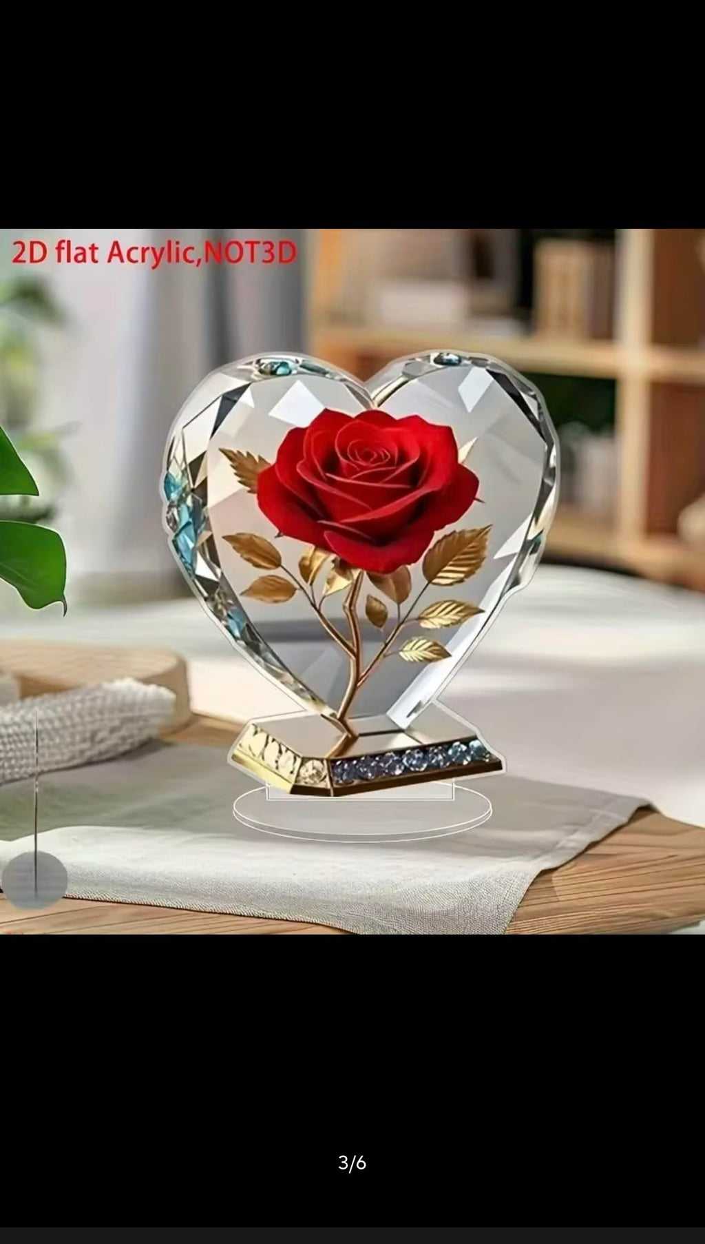 Acrylic Heart Shaped Sculpture Ornament with Red Rose and Gold Accents, 15cm Desktop Decor, 2D Flat Design, Scratch Resistant