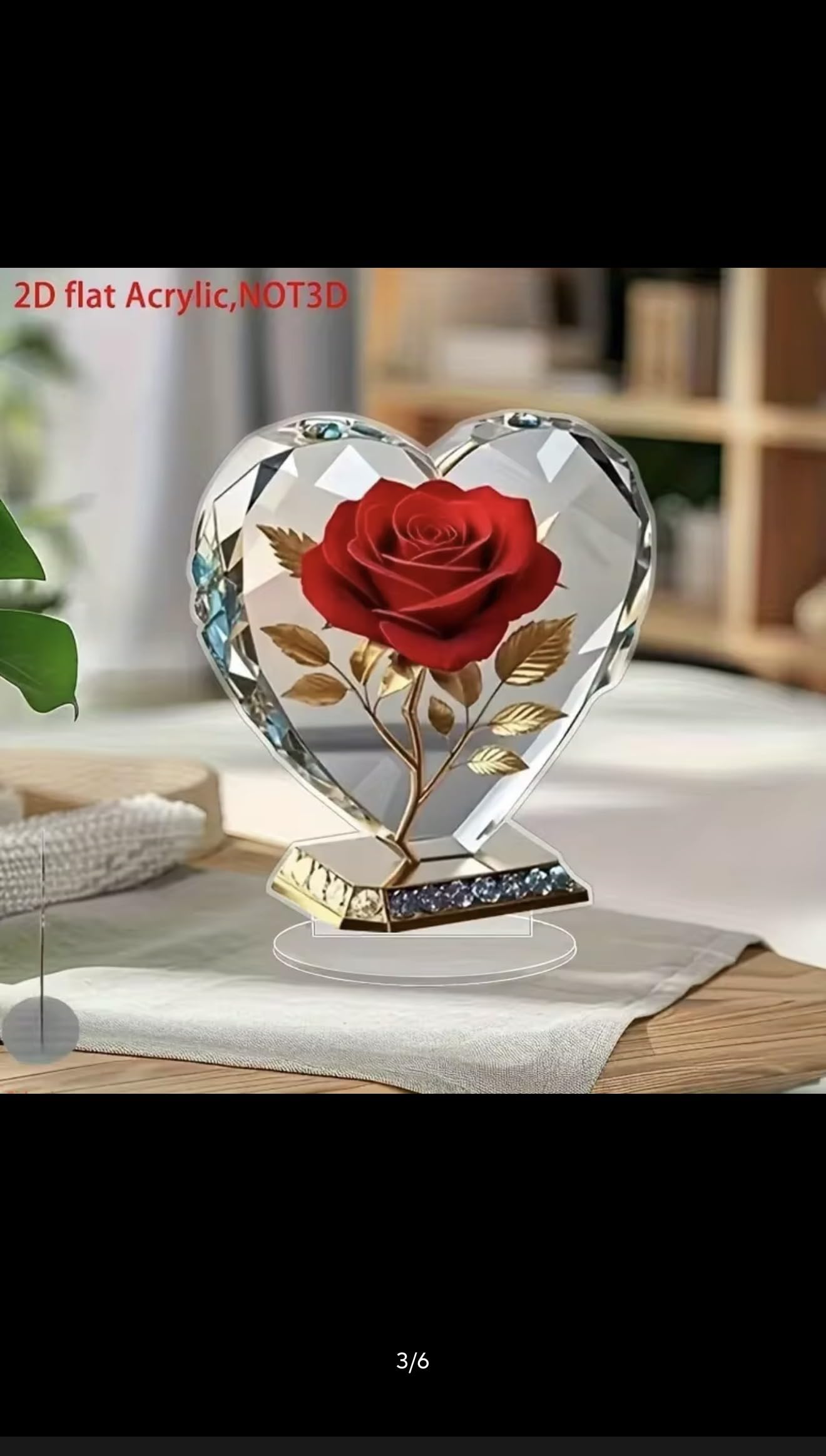 Acrylic Heart Shaped Sculpture Ornament with Red Rose and Gold Accents, 15cm Desktop Decor, 2D Flat Design, Scratch Resistant