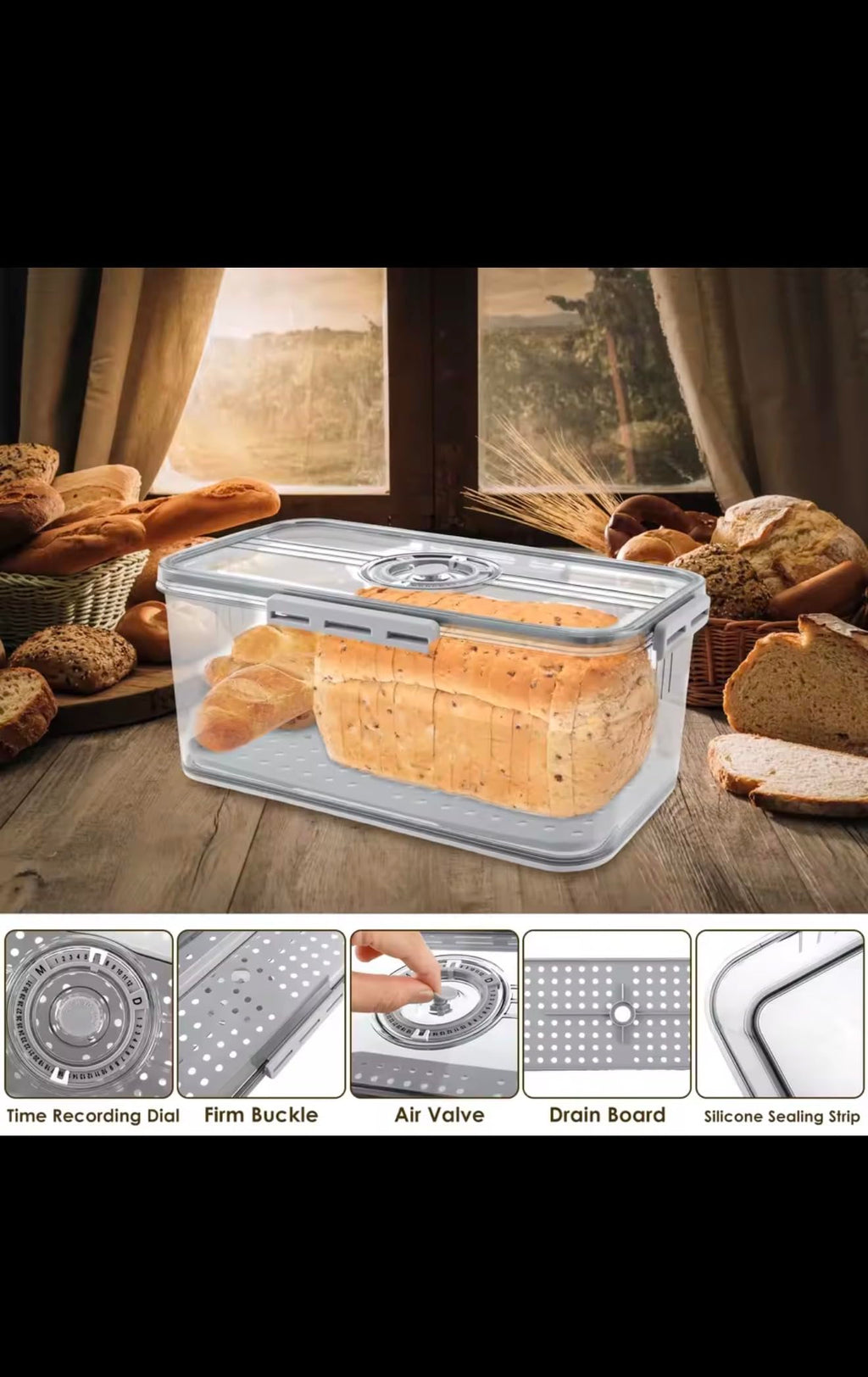 Bread Storage Container with Time Recording Dial, Airtight Bread Box with Drain Board and Air Valve, Clear Kitchen Food Preservation Organizer