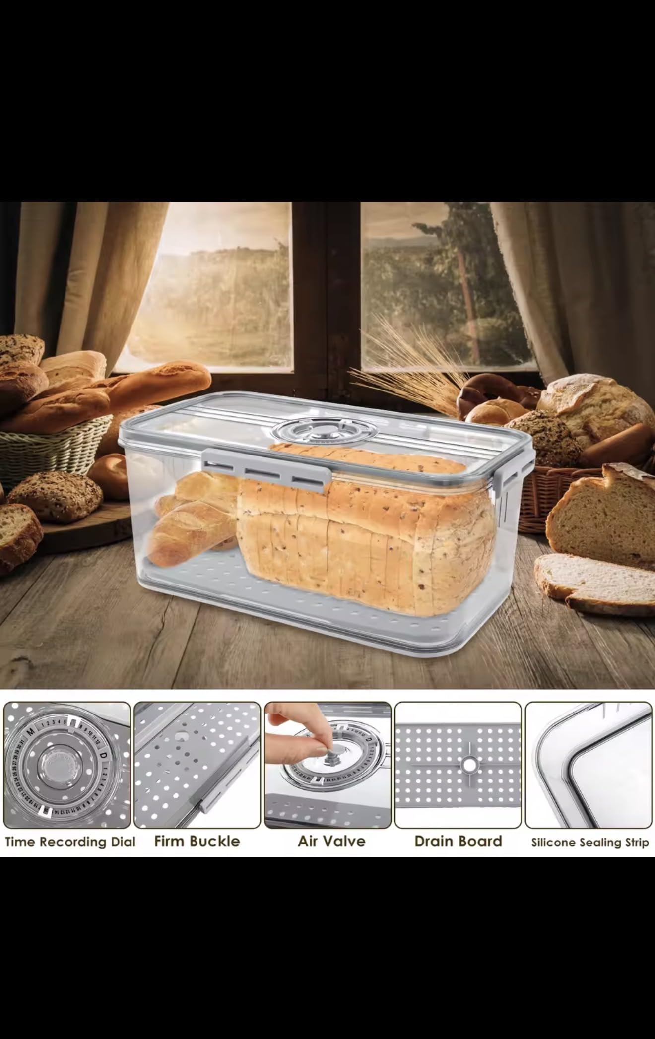 Bread Storage Container with Time Recording Dial, Airtight Bread Box with Drain Board and Air Valve, Clear Kitchen Food Preservation Organizer