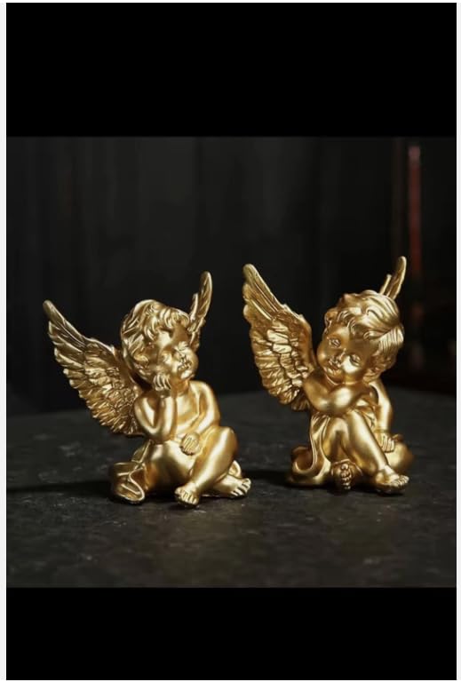 Golden Cherub Angel Statues, Decorative Resin Figurines for Indoor Outdoor, Set of 2, Gold Finish