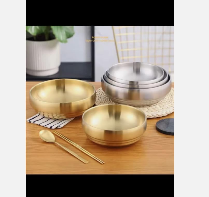 Korean Style Stainless Steel Double Layer Cold Noodle Bowl, Gold Finish, Round Serving Bowl for Traditional Asian Cuisine