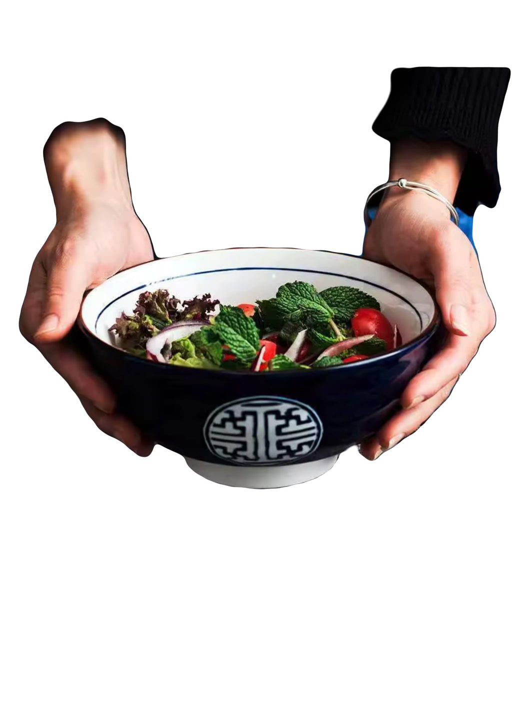 Japanese Style Ceramic Ramen Bowl with Traditional Pattern, Blue and White Porcelain Noodle Bowl, 19cm Diameter, 7cm Height