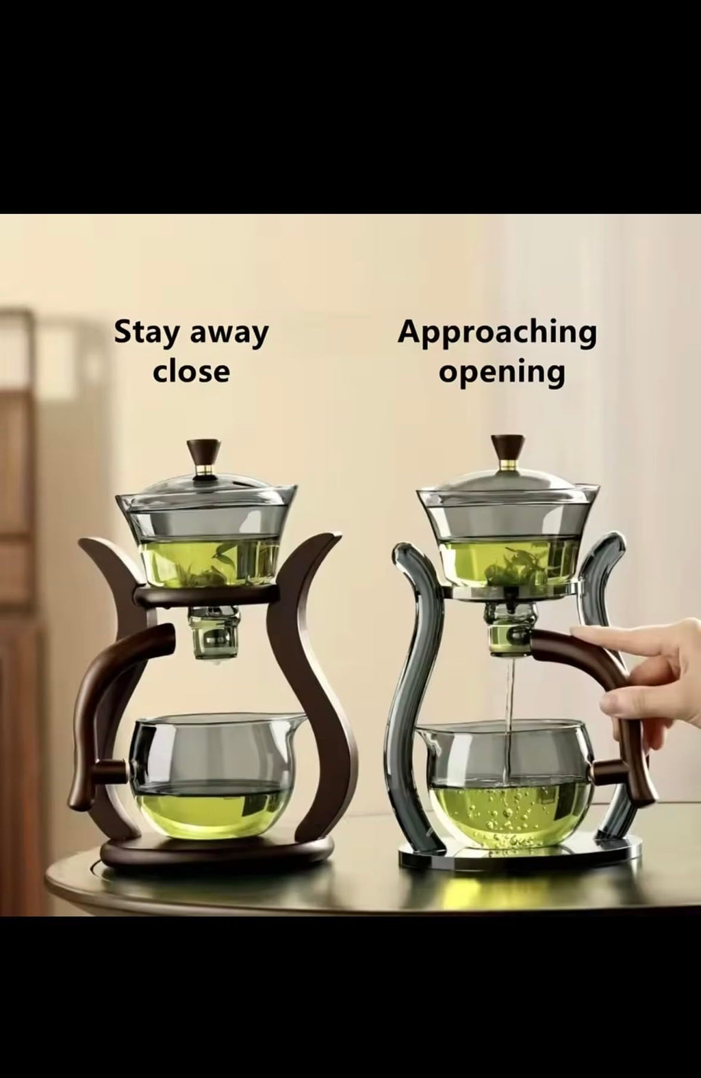 Lazy Kung Fu Premium Glass Tea Set, Semi-Automatic Drip Teapot with 6 Cups, Magnetic Switch, 310ml/400ml Capacity, Black Stand with Glass Infuser