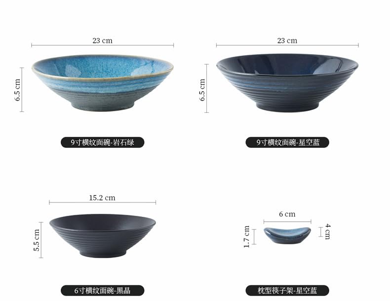Japanese Korean Kiln-Turned Ceramic Ramen Bowl, Blue Gradient Glaze, Handcrafted Stoneware Noodle Soup Bowl Set