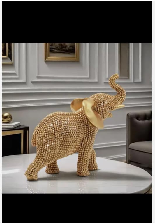Decorative Gold Beaded Elephant Figurine, Ornamental Good Luck Statue, Metallic Finish, Traditional Style Home Decor