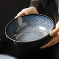 Japanese Ceramic Ramen Bowl, Blue Glazed Noodle Bowl, Traditional Asian Kitchen Tableware, Large Serving Bowl with Smooth Mellow Finish