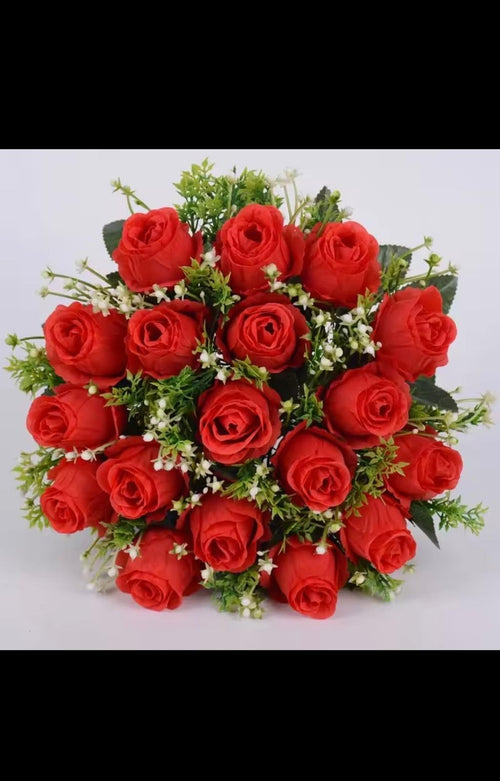 Artificial Rose Bouquet, Red Silk Roses with Baby's Breath, 18 Heads Wedding Bridal Flowers, Home Decor