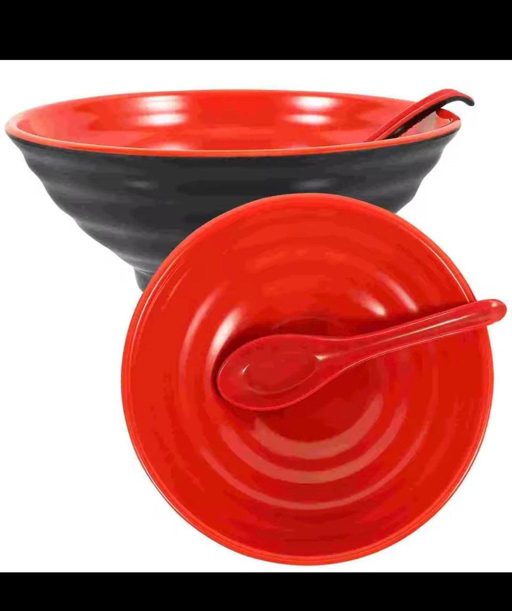 Japanese Style Ceramic Ramen Bowl Set, Large Black and Red Noodle Bowls with Matching Spoons, 2 Piece Serving Set