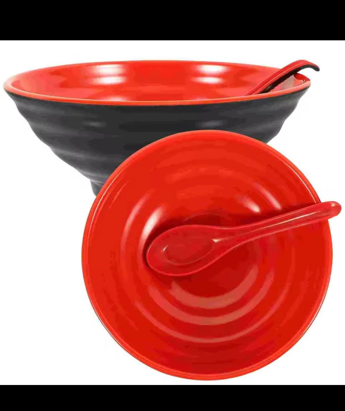 Japanese Style Ceramic Ramen Bowl Set, Large Black and Red Noodle Bowls with Matching Spoons, 2 Piece Serving Set