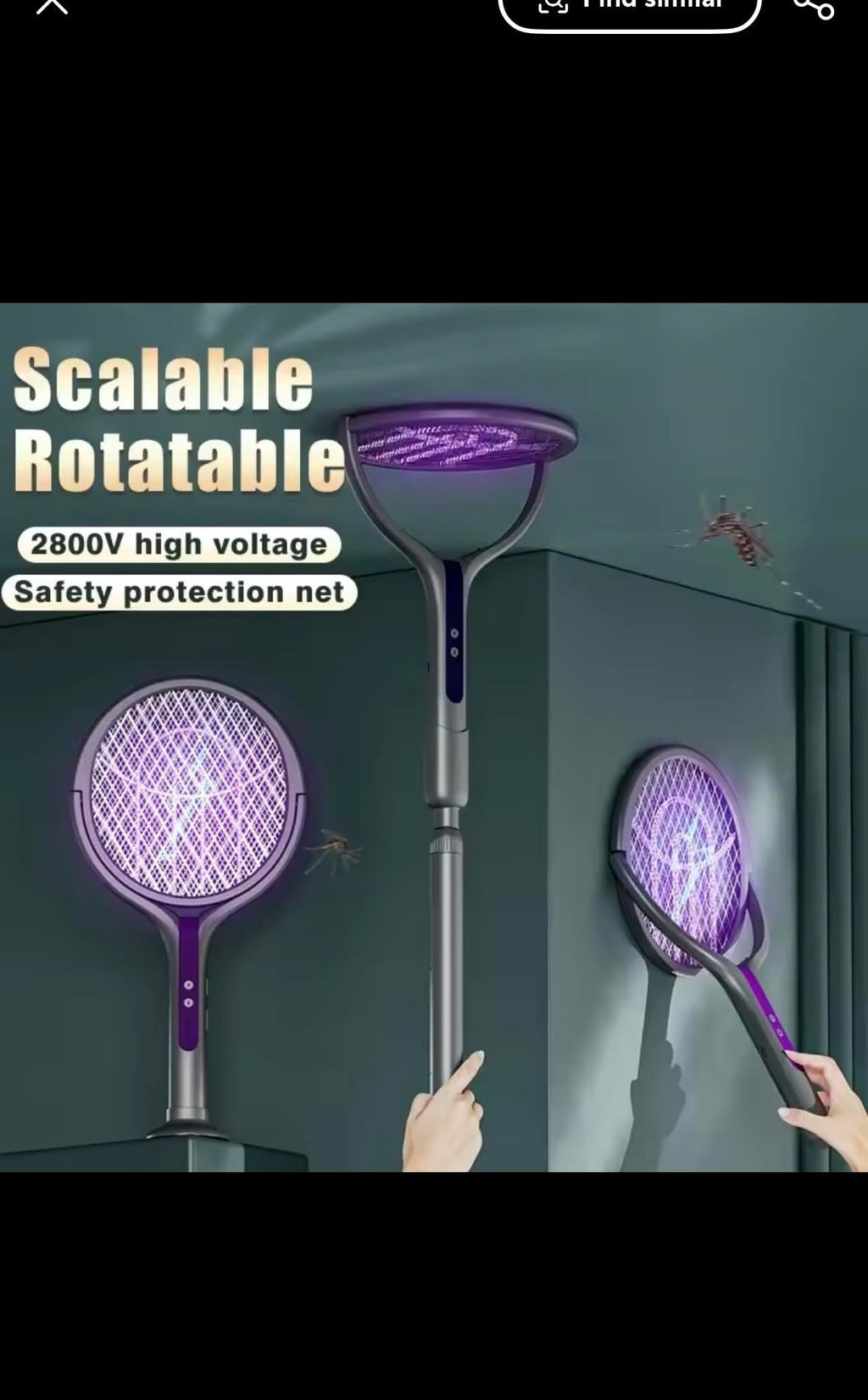 Electric Mosquito Swatter with Extendable Handle, 2800V High Voltage, Rotatable Head, 34-62cm Telescopic, Purple and Grey, Safety Protection Net for Indoor Pest Control