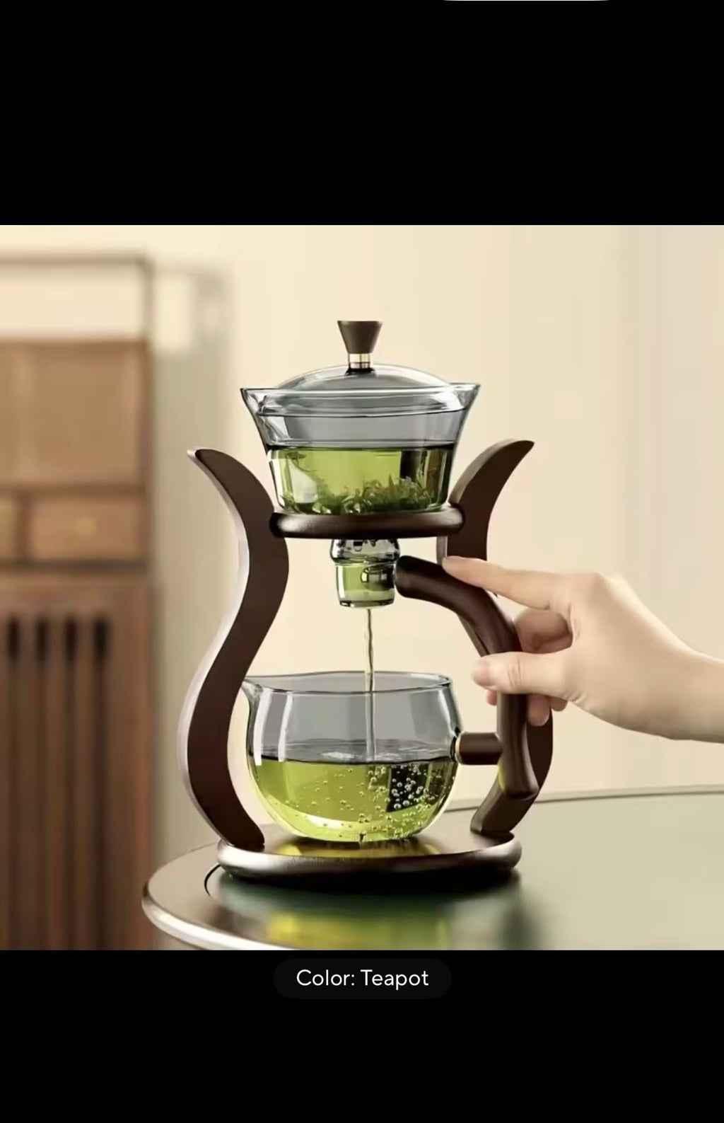 Lazy Kung Fu Premium Glass Tea Set, Semi-Automatic Drip Teapot with 6 Cups, Magnetic Switch, 310ml/400ml Capacity, Black Stand with Glass Infuser