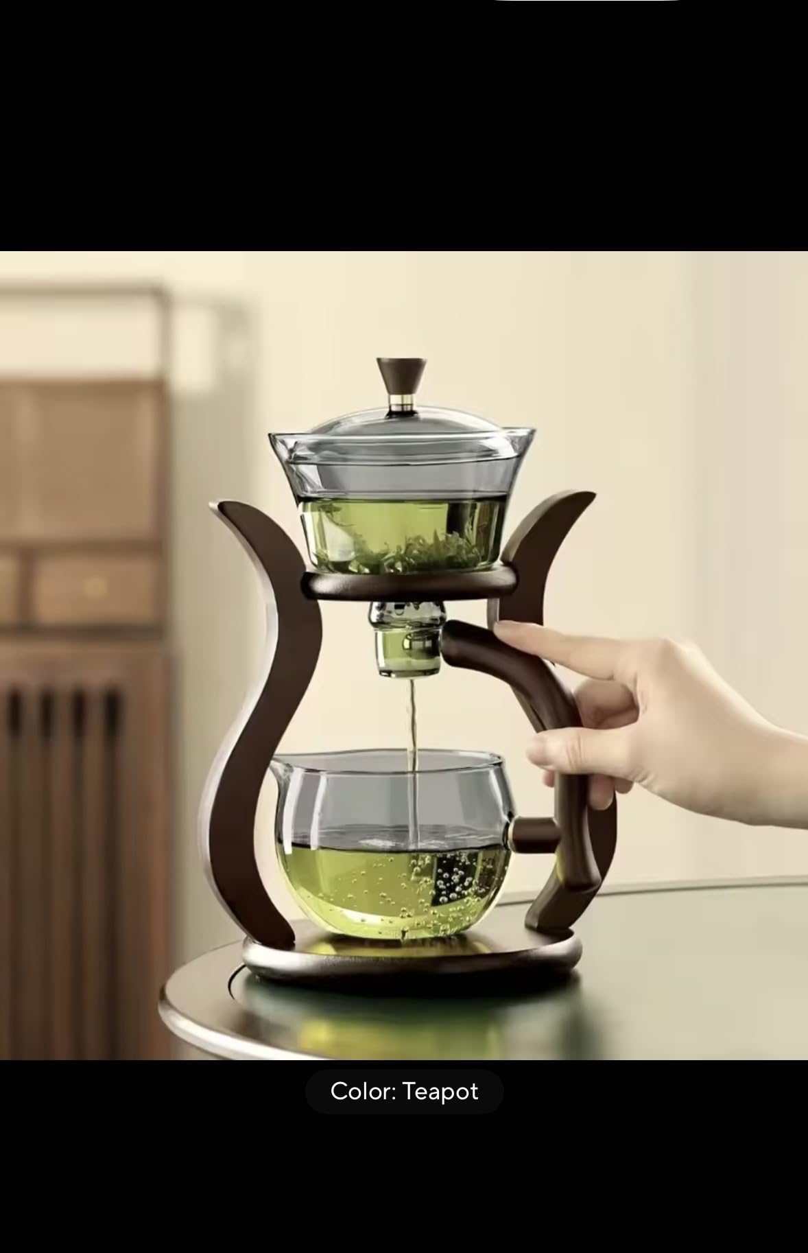 Lazy Kung Fu Premium Glass Tea Set, Semi-Automatic Drip Teapot with 6 Cups, Magnetic Switch, 310ml/400ml Capacity, Black Stand with Glass Infuser