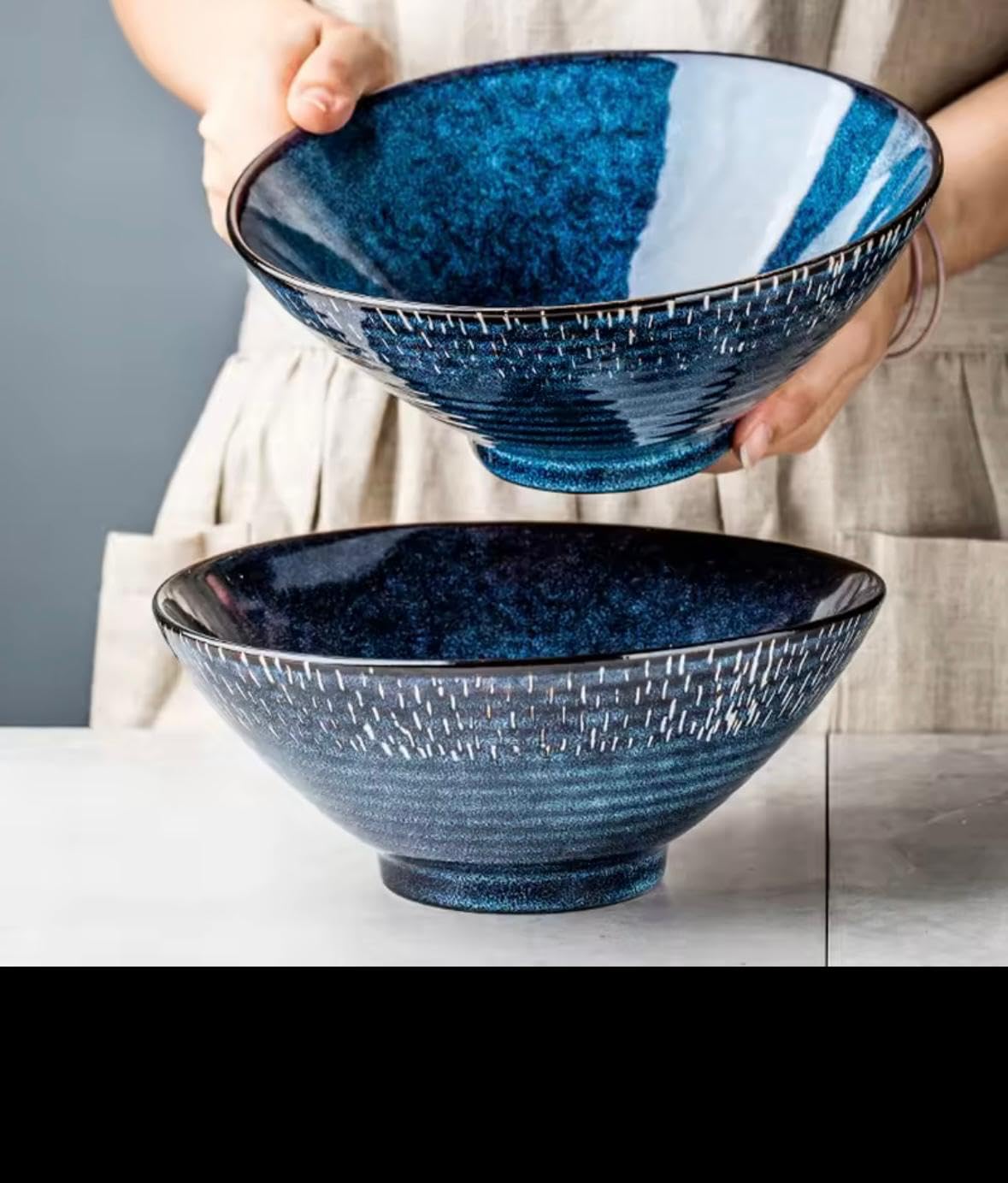 Japanese Kiln Deep Blue Ceramic Ramen Bowl, 20.3 cm Diameter, Speckled Texture, Smooth Glaze, Traditional Japanese Style, Dishwasher Safe, 1000ml Capacity