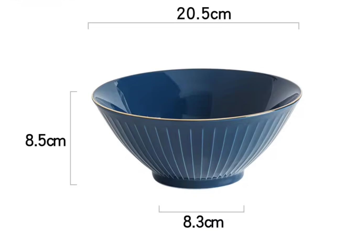 Japanese Ceramic Ramen Bowl with Gold Rim, 8-Inch, Vertical Line Design, Porcelain Dinner Bowl for Home Restaurant, Available in White Black Green