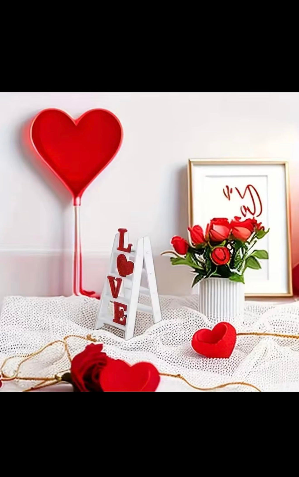 LOVE Ladder Shelf Decor, White and Red, Wooden Standing Sign, Heart Symbol, Romantic Home Accent