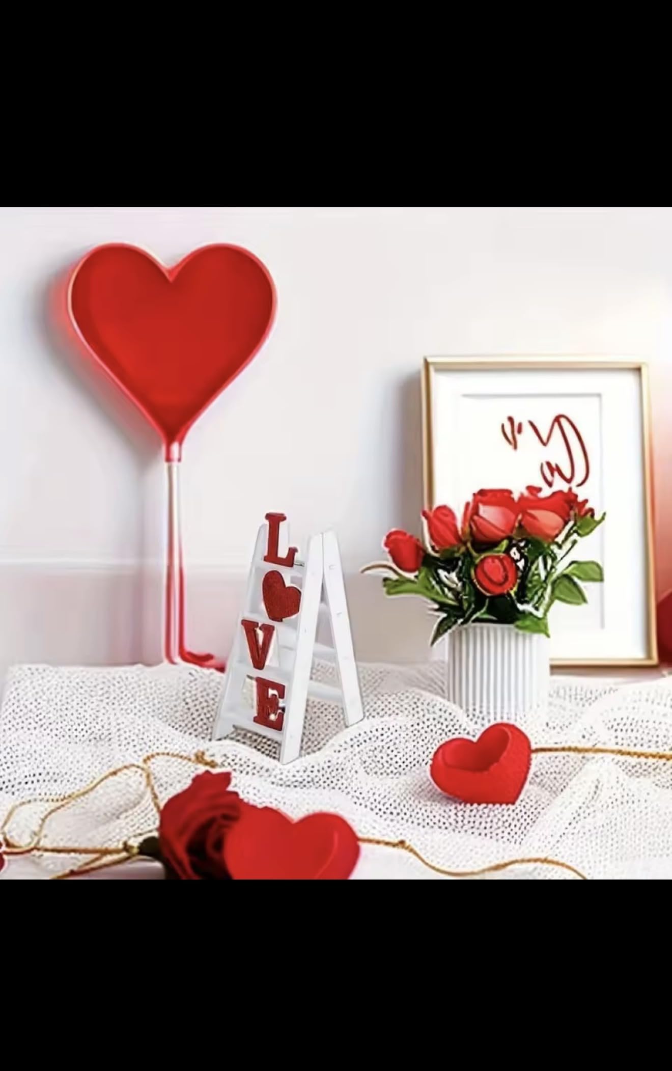 LOVE Ladder Shelf Decor, White and Red, Wooden Standing Sign, Heart Symbol, Romantic Home Accent