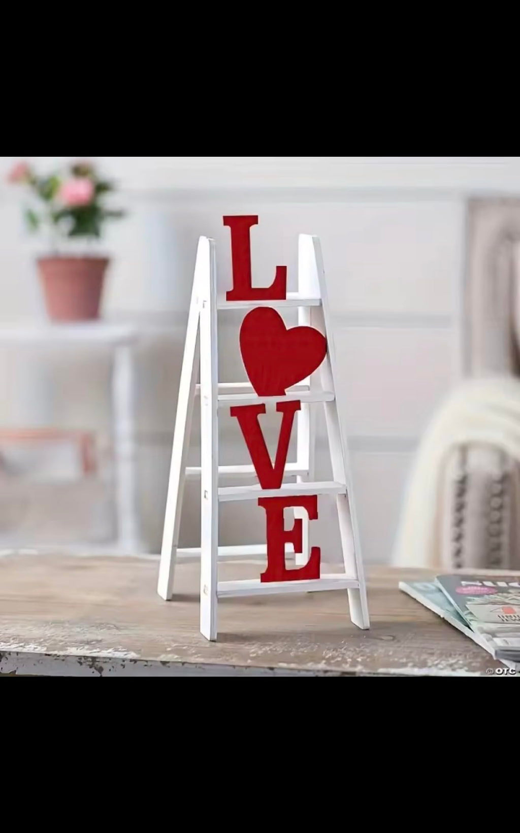 LOVE Ladder Shelf Decor, White and Red, Wooden Standing Sign, Heart Symbol, Romantic Home Accent