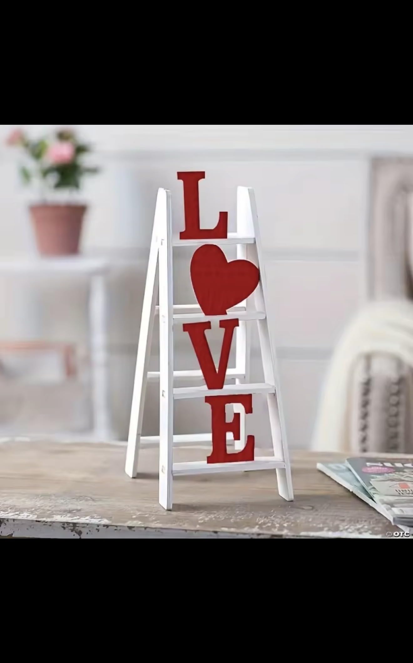 LOVE Ladder Shelf Decor, White and Red, Wooden Standing Sign, Heart Symbol, Romantic Home Accent