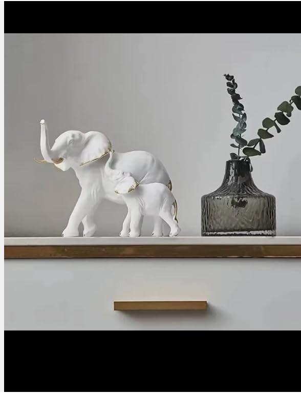Elegant White and Gold Resin Elephant Family Figurines, Modern Home Decor Sculptures, Decorative Animal Statues Set of 3