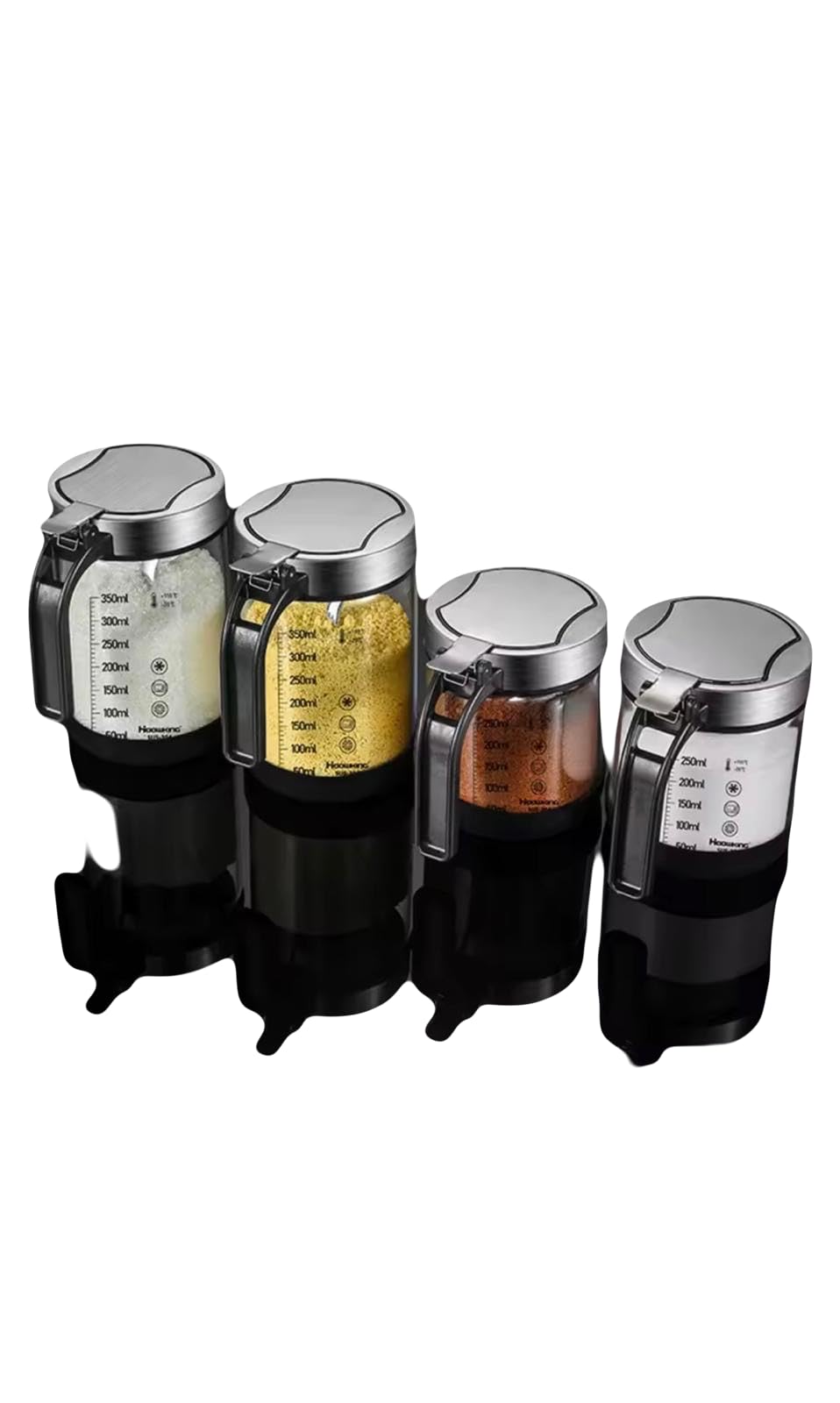 Hoowking Glass Seasoning Jar with Spoon and Lid, Black, 350ml, 3 Pack