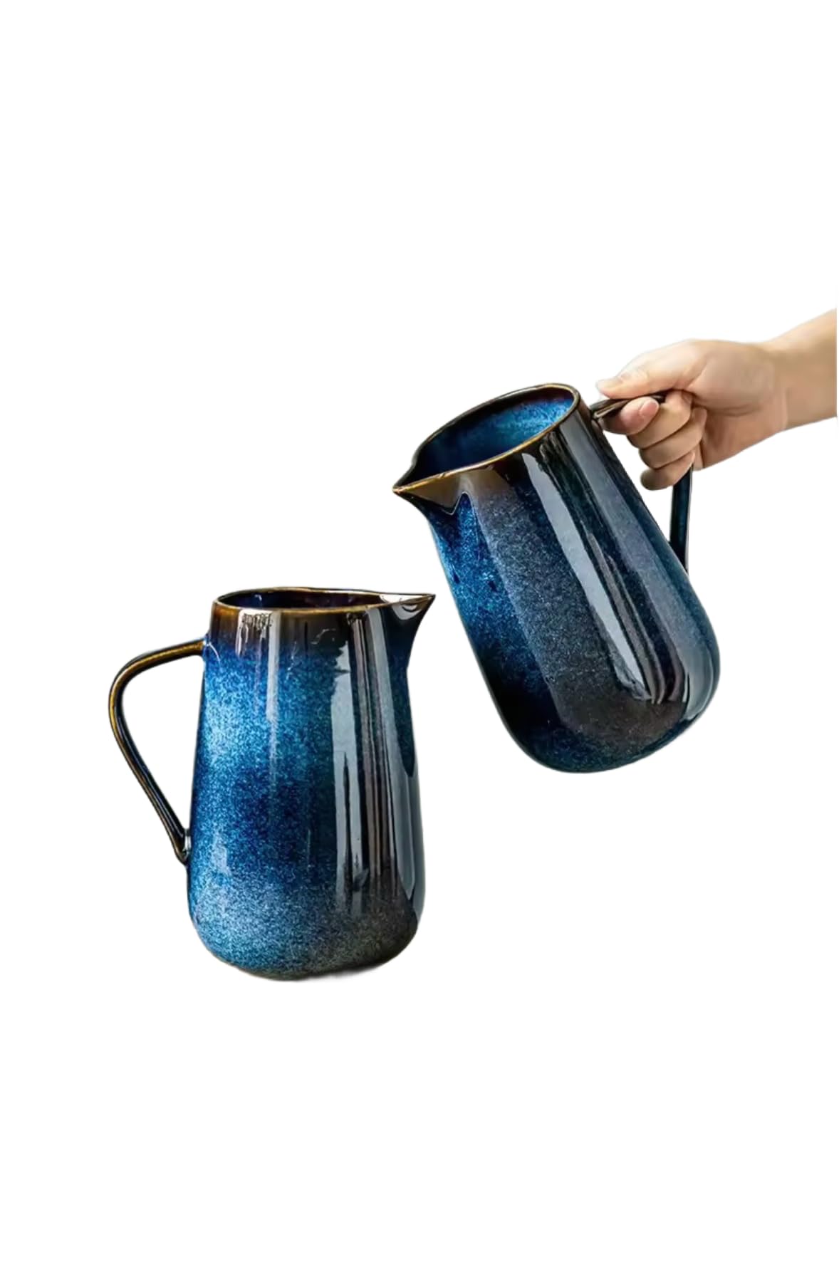 Ceramic Water Pitcher, Vintage Blue Glazed Porcelain Tea Kettle, Decorative Flower Vase with Gold Trim, Traditional Asian Style Pour Spout Design
