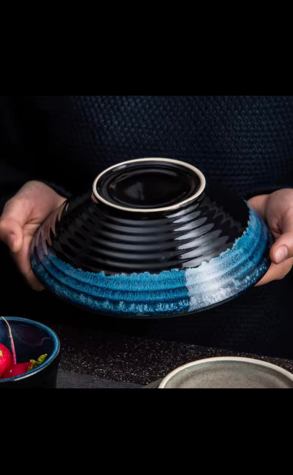 Japanese Ceramic Kiln Glazed Bowl, Blue Gradient Soup Bowl, Handcrafted Stoneware Serving Dish