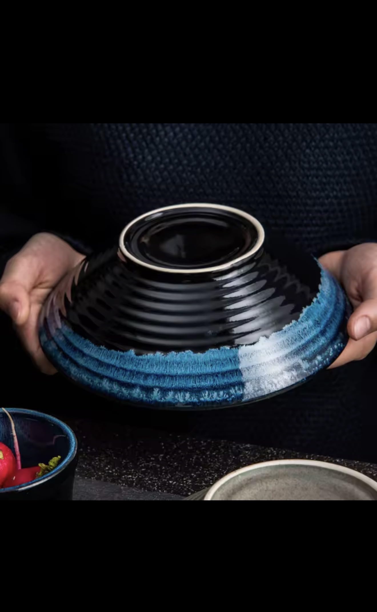 Japanese Ceramic Kiln Glazed Bowl, Blue Gradient Soup Bowl, Handcrafted Stoneware Serving Dish