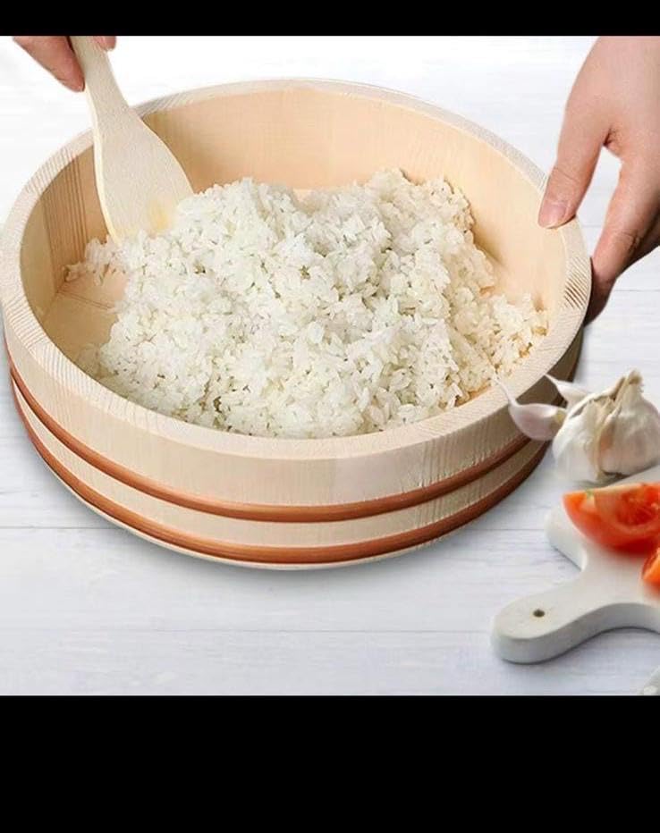 Japanese Wooden Sushi Rice Mixing Tub, Hangiri Sushi Oke Bowl, Round Bibimbap Bucket