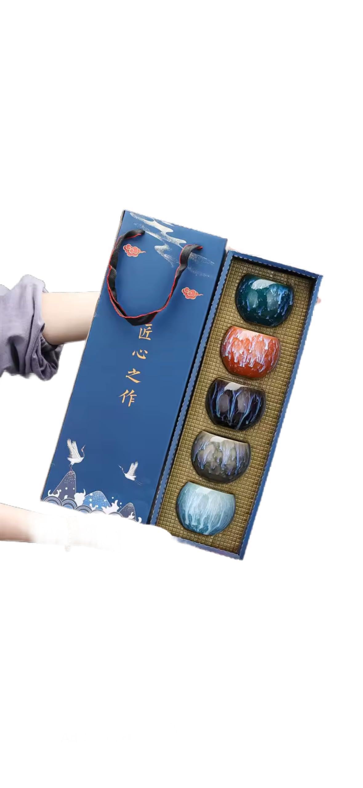 Artisanal Japanese Ceramic Tea Cups Set, Kiln-Transmutation Glazed, Multi-Color Porcelain, Traditional Gongfu Style, Decorative Drip Pattern, Gift Box Package, 5-Piece Set