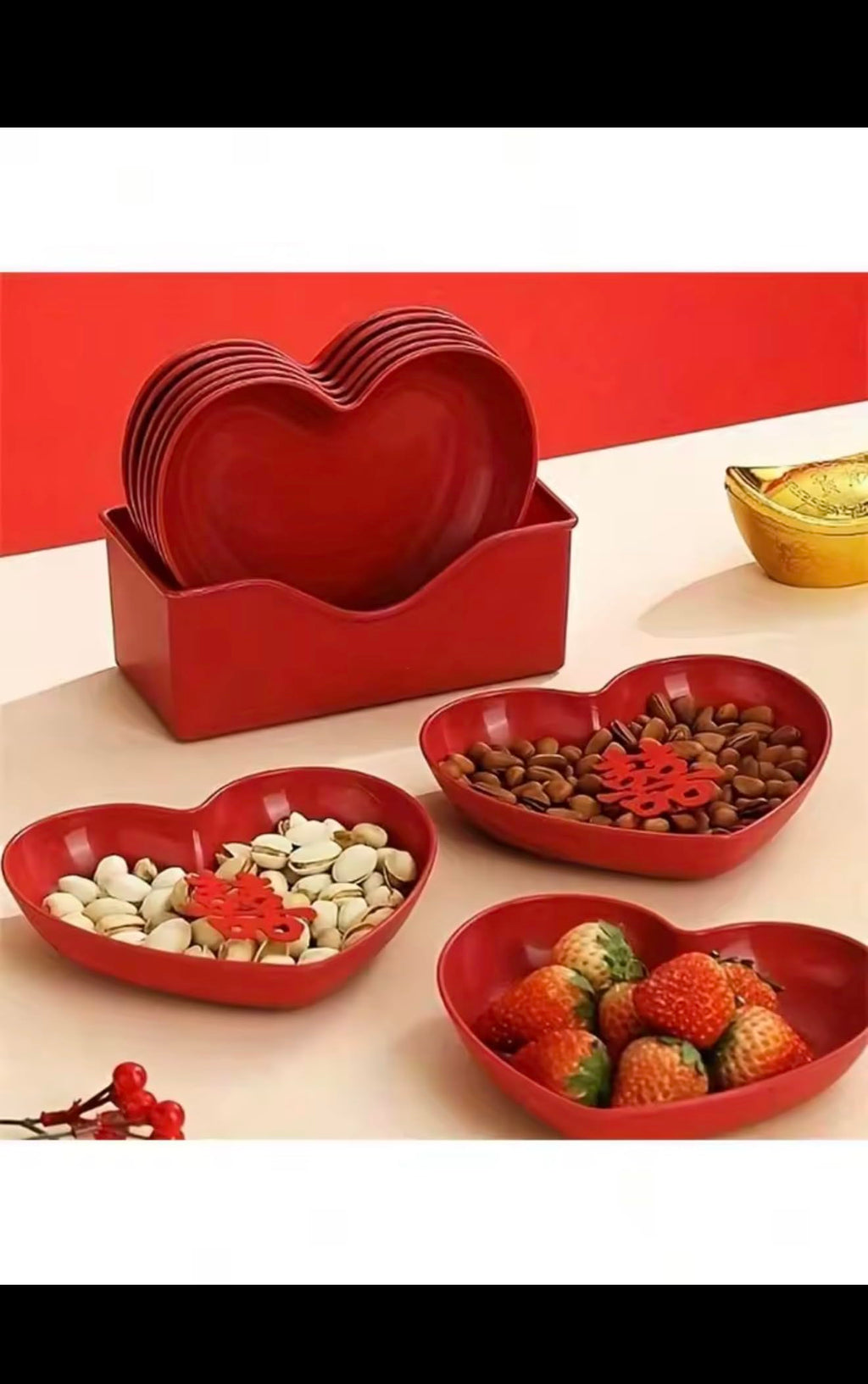 Heart Shaped Dinner Plate Set, Red and Pink, Plastic, 20 Pieces, Fruit Snacks Serving Plates with Storage Box, Party Theme Tableware