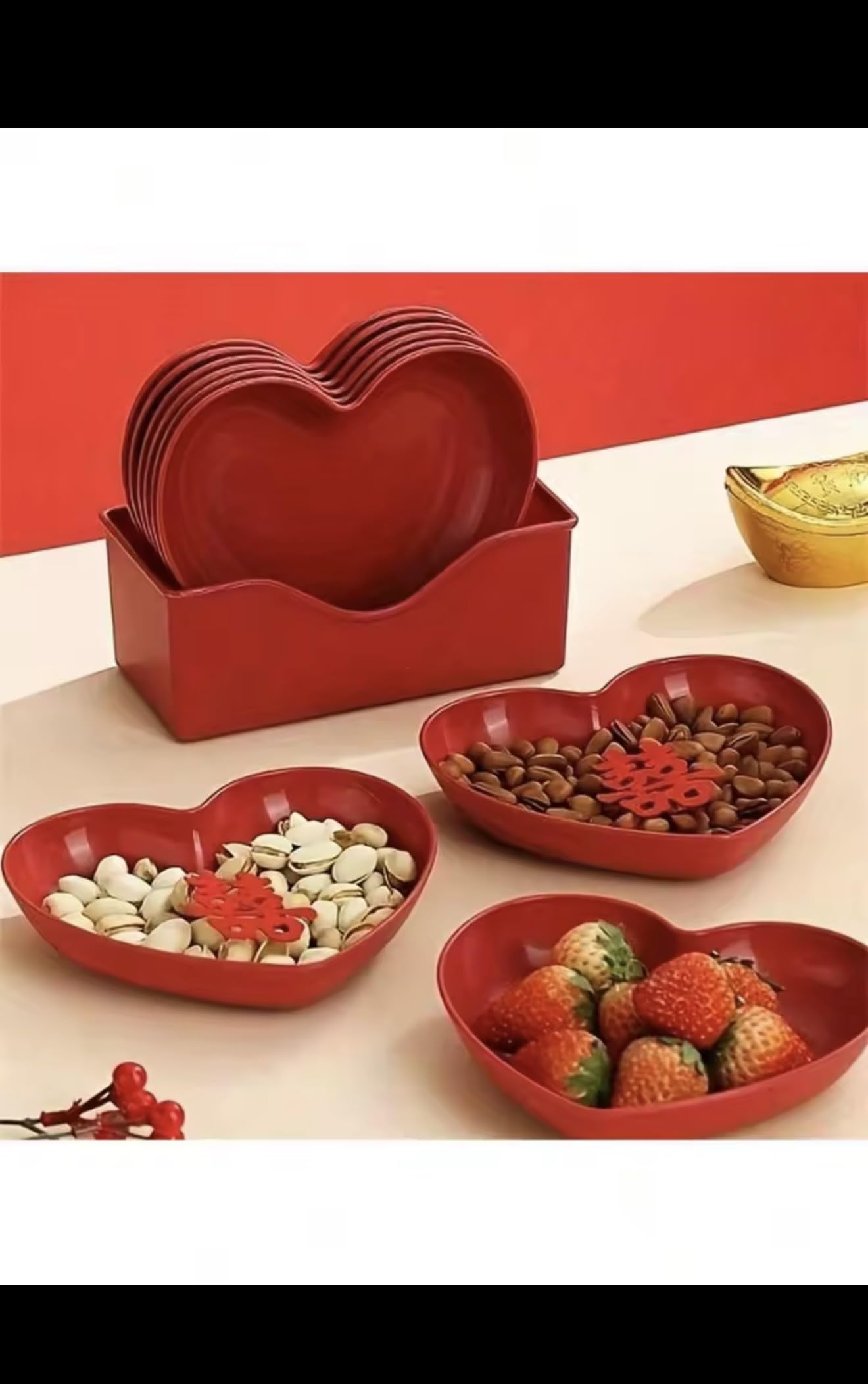 Heart Shaped Dinner Plate Set, Red and Pink, Plastic, 20 Pieces, Fruit Snacks Serving Plates with Storage Box, Party Theme Tableware