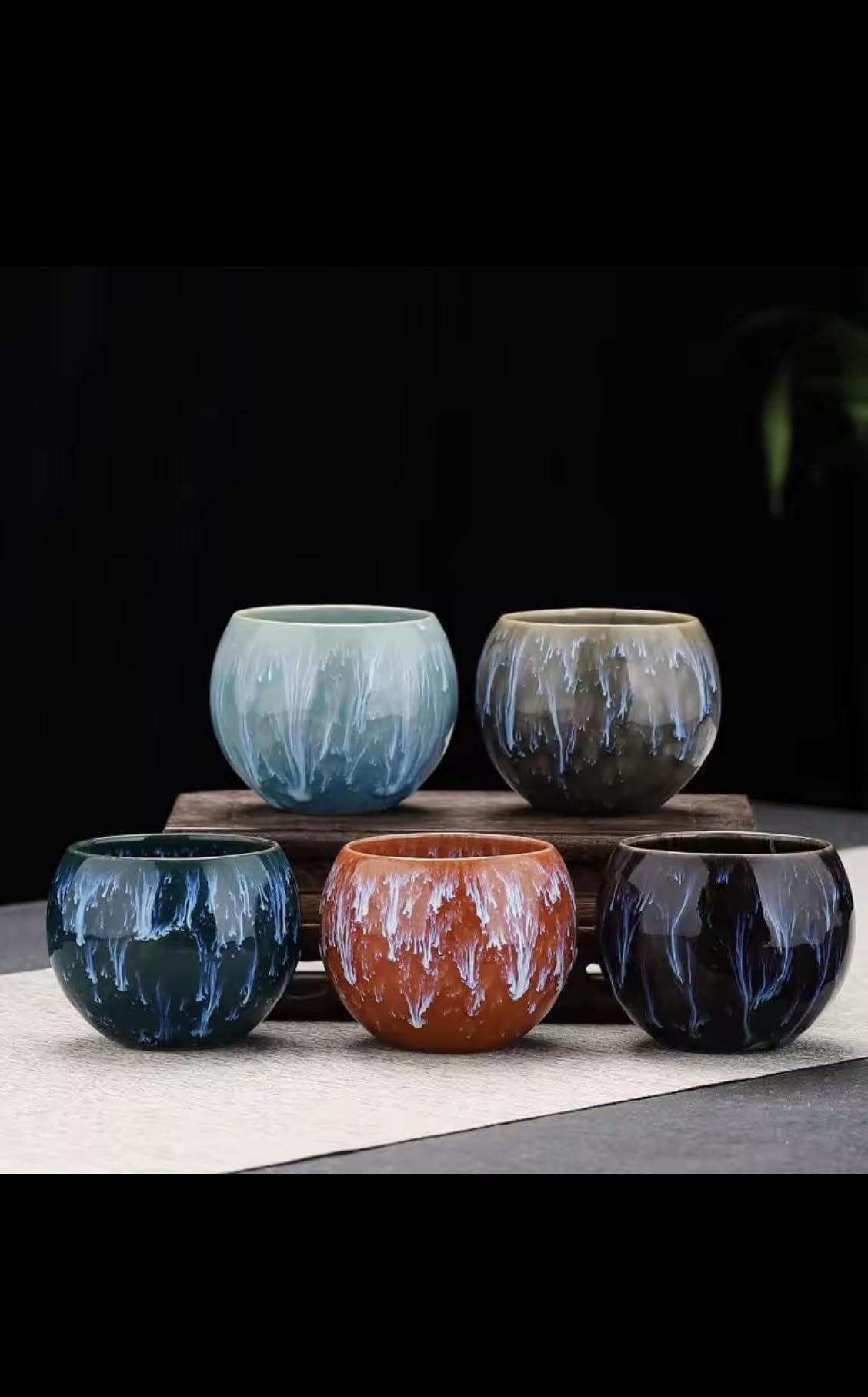 Artisanal Japanese Ceramic Tea Cups Set, Kiln-Transmutation Glazed, Multi-Color Porcelain, Traditional Gongfu Style, Decorative Drip Pattern, Gift Box Package, 5-Piece Set