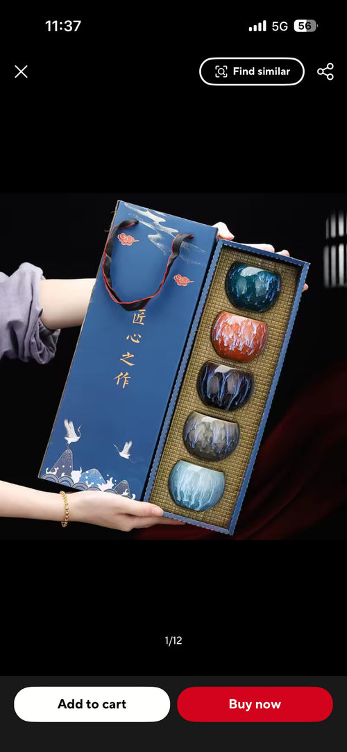 Artisanal Japanese Ceramic Tea Cups Set, Kiln-Transmutation Glazed, Multi-Color Porcelain, Traditional Gongfu Style, Decorative Drip Pattern, Gift Box Package, 5-Piece Set