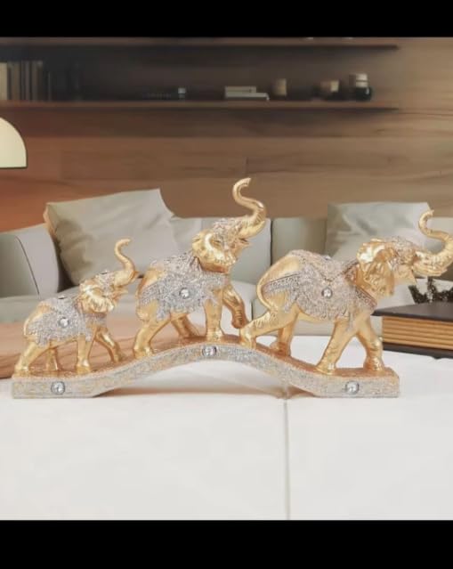 Decorative Elephant Family Figurine Set, Gold and Silver Glitter Resin Sculptures, Traditional Indian Style Home Decor Collection