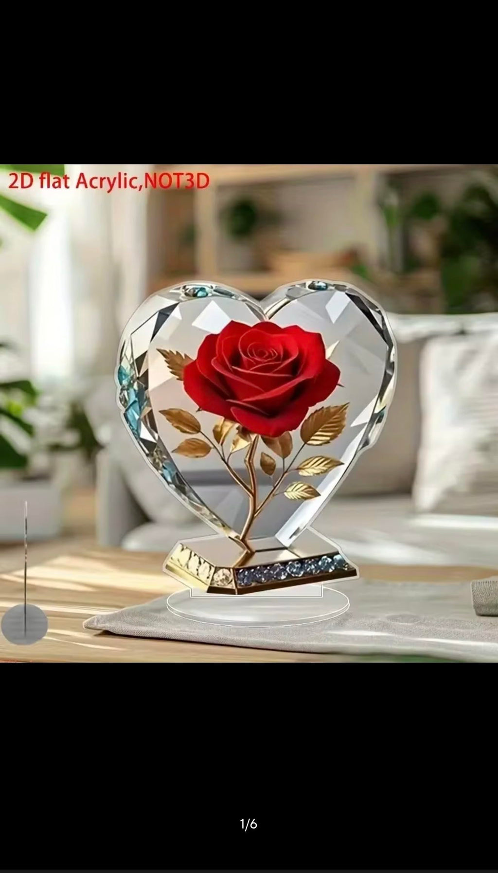Acrylic Heart Shaped Sculpture Ornament with Red Rose and Gold Accents, 15cm Desktop Decor, 2D Flat Design, Scratch Resistant